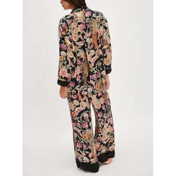 SOOKABEILA Womens Y2k Silk Pajama Sets Floral Print Long Sleeve Button Down Shirts Wide Leg Pants 2 Piece Lounge Sets (Flower Black,M)