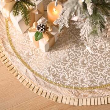 Valery Madelyn Christmas Tree Skirt for Tree Decorations, 48 Inch Fabric White Gold Small Xmas Velvet Tree Skirt with Embroidery Baroque Pattern & Pleated Border for Tree Merry Christmas Party Decor