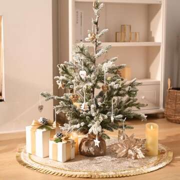 Valery Madelyn Christmas Tree Skirt for Tree Decorations, 48 Inch Fabric White Gold Small Xmas Velvet Tree Skirt with Embroidery Baroque Pattern & Pleated Border for Tree Merry Christmas Party Decor