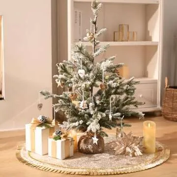 Valery Madelyn Christmas Tree Skirt for Tree Decorations, 48 Inch Fabric White Gold Small Xmas Velvet Tree Skirt with Embroidery Baroque Pattern & Pleated Border for Tree Merry Christmas Party Decor