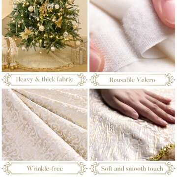 Valery Madelyn Christmas Tree Skirt for Tree Decorations, 48 Inch Fabric White Gold Small Xmas Velvet Tree Skirt with Embroidery Baroque Pattern & Pleated Border for Tree Merry Christmas Party Decor
