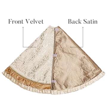 Valery Madelyn Christmas Tree Skirt for Tree Decorations, 48 Inch Fabric White Gold Small Xmas Velvet Tree Skirt with Embroidery Baroque Pattern & Pleated Border for Tree Merry Christmas Party Decor