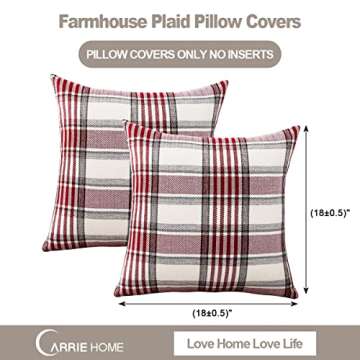 CARRIE HOME Red Christmas Tartan Plaid Pillow Covers 18x18 Set of 2 Farmhouse Buffalo Plaid Red Striped Throw Pillow Cover for Living Room Couch Sofa