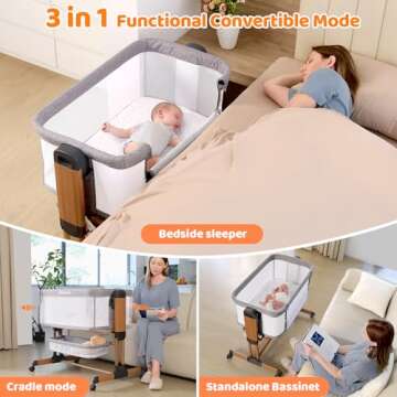 Ezebaby 3-in-1 Rocking Bassinet for Baby Adjustable Baby Bassinets Bedside Sleeper with Wheels Storage Basket and Mesh Sides for Newborn Infant