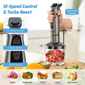 HOVOBO Immersion Blender Handheld 1000W Powerful Scratch Resistant Hand Blenders for Kitchen, Stick Blender Immersion 12 Speed and Turbo Mode, Low-Noise, Beaker Chopper Whisk Milk Frother