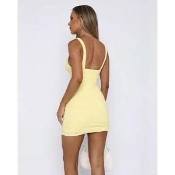 ZREQV Summer Dresses for Women 2025 Bodycon Sleeveless V Neck Backless Vacation Y2K Sexy Cocktail Party Club Night Out Mini Tank Dress Light Yellow XL