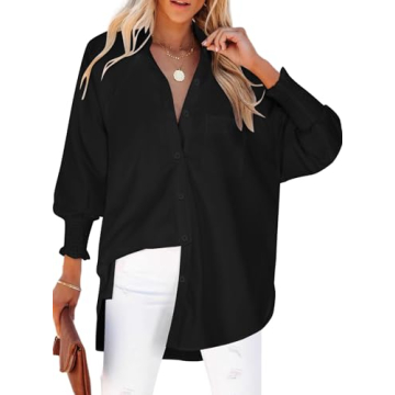 Maketina Womens Oversized Button Down Shirts Smocked Cuffed Casual Collared Long Sleeve Blouse Tops ...