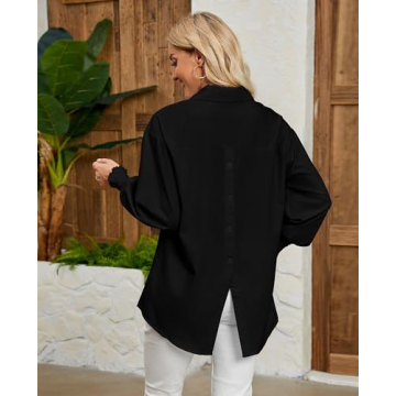 Maketina Womens Oversized Button Down Shirts Smocked Cuffed Casual Collared Long Sleeve Blouse Tops with Pocket Black S