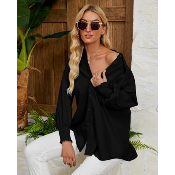 Maketina Womens Oversized Button Down Shirts Smocked Cuffed Casual Collared Long Sleeve Blouse Tops with Pocket Black S