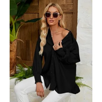 Maketina Womens Oversized Button Down Shirts Smocked Cuffed Casual Collared Long Sleeve Blouse Tops with Pocket Black S