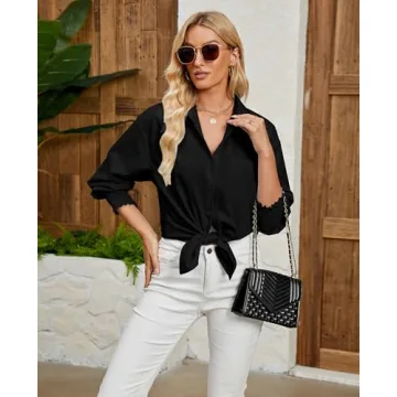 Maketina Womens Oversized Button Down Shirts Smocked Cuffed Casual Collared Long Sleeve Blouse Tops with Pocket Black S