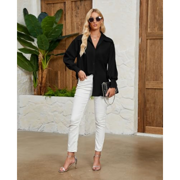 Maketina Womens Oversized Button Down Shirts Smocked Cuffed Casual Collared Long Sleeve Blouse Tops with Pocket Black S