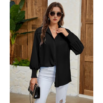 Maketina Womens Oversized Button Down Shirts Smocked Cuffed Casual Collared Long Sleeve Blouse Tops with Pocket Black S