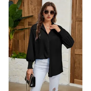 Maketina Womens Oversized Button Down Shirts Smocked Cuffed Casual Collared Long Sleeve Blouse Tops with Pocket Black S