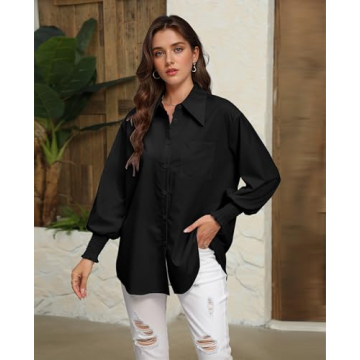 Maketina Womens Oversized Button Down Shirts Smocked Cuffed Casual Collared Long Sleeve Blouse Tops with Pocket Black S