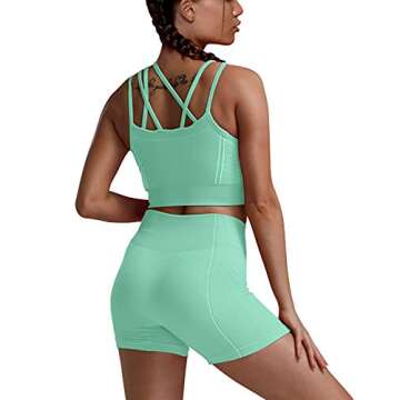 HYZ Women's Workout Yoga 2 Piece Outfits High Waist Sports Shorts Removable Padded Bra Set Green