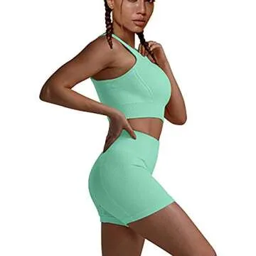 HYZ Women's Workout Yoga 2 Piece Outfits High Waist Sports Shorts Removable Padded Bra Set Green