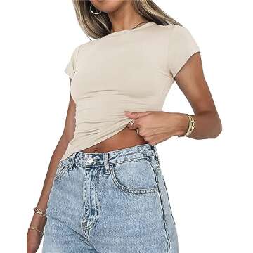 PRIMODA Women's Short Sleeve Slim Fitted Tee Shirt Top Basic Casual Crew Neck Workout Crop Top (Apricot S)