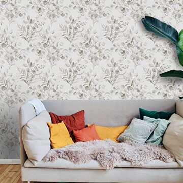 Naphite Floral Wallpaper Peel and Stick Wallpaper for Bedroom Grey Floral Boho Contact Paper for Cabinets Drawer Self Adhesive Removable Farmhouse Contact Paper Eucalyptus Leaf Nursery 17.3inW 590inL