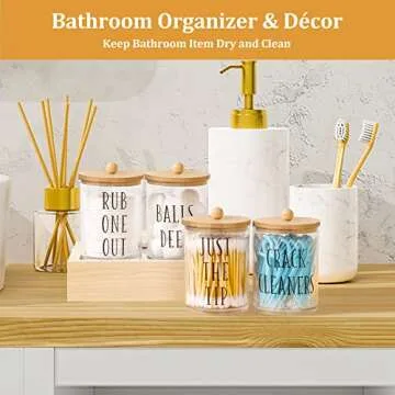 4 Pack Qtip Holder Apothecary Jars with Lids,10 oz Clear Bathroom Organizer Storage, Containers for Cotton Ball, Cotton Swab, Cotton Round Pads and Floss, Bathroom Decor
