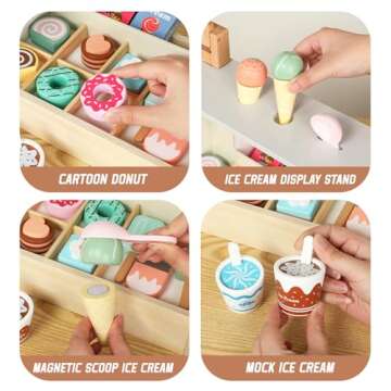 WOODENFUN Ice Cream Counter Playset for Toddler Girl Toys, Wooden Popsicle Set Pretend Toy Food Play Kitchen Accessories with Scoop, Interactive Toys Birthday Gifts for 3 Year Old Up