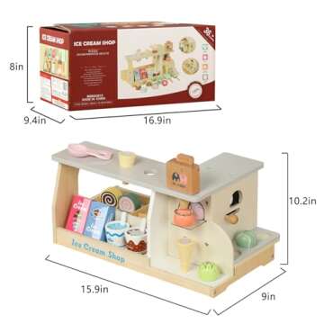 WOODENFUN Ice Cream Counter Playset for Toddler Girl Toys, Wooden Popsicle Set Pretend Toy Food Play Kitchen Accessories with Scoop, Interactive Toys Birthday Gifts for 3 Year Old Up