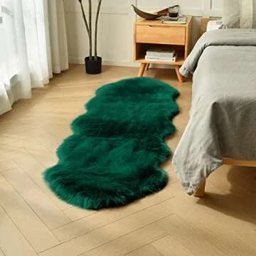 duduta Emerald Green Faux Sheepskin Runner Rug 2x6 ft, Fluffy Shag Fur Couch Sofa Covers Dresser Runner Washable