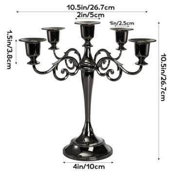 YOUEON 5 Arm Glossy Black Candelabra, Candelabra Candle Holder, 10 Inch Tall Candlesticks Holder, El...