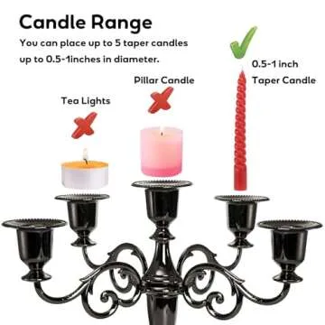 YOUEON 5 Arm Glossy Black Candelabra, Candelabra Candle Holder, 10 Inch Tall Candlesticks Holder, Elegant Taper Candle Holder Centerpiece for Wedding, Church, Halloween, Dining, Home Decor