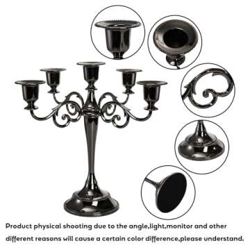 YOUEON 5 Arm Glossy Black Candelabra, Candelabra Candle Holder, 10 Inch Tall Candlesticks Holder, Elegant Taper Candle Holder Centerpiece for Wedding, Church, Halloween, Dining, Home Decor