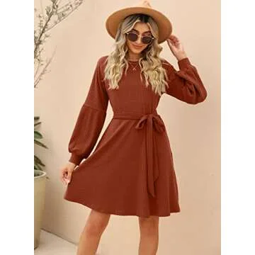 SHERRYRISE Women's Long Sleeve Crew Neck Ribbed Knit High Waist Sweater Dress with Pockets, Caramel, S