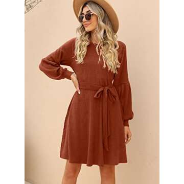 SHERRYRISE Women's Long Sleeve Crew Neck Ribbed Knit High Waist Sweater Dress with Pockets, Caramel, S