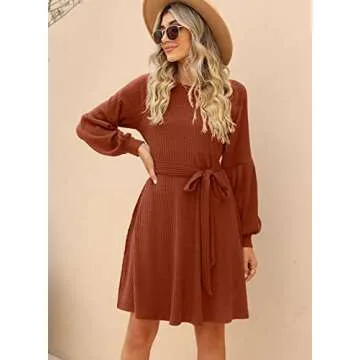 SHERRYRISE Women's Long Sleeve Crew Neck Ribbed Knit High Waist Sweater Dress with Pockets, Caramel, S