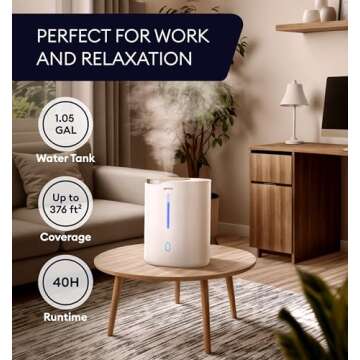 GENIANI Ultrasonic Cool Mist Humidifier for Bedroom, Large Rooms, Home, 4L - Easy Fill & Clean Humidifier for Plants w/Auto Shut-off, 40H Runtime - Quiet, Top Fill Air Humidifier
