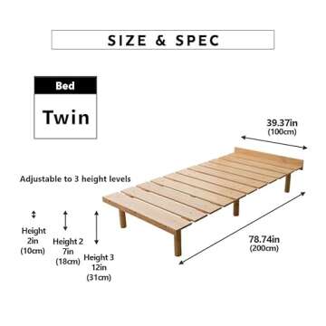 EMOOR Wood Slatted Floor Bed Frame OSMOS Twin for Japanese Futon Mattress Solid Pine (Earth-Natural)...