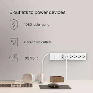 Belkin 6-Outlet Surge Protector Power Strip, 6ft Cord, 360° Rotating Plug - 1080 Joules Protection