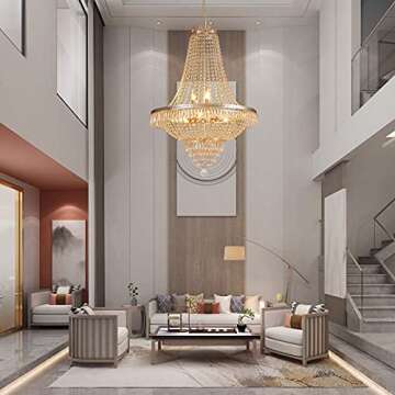 French Empire Crystal Chandelier Lighting 9 E12 Bulbs with Adjustable Hanging Light Modern Crystal Pendant Flush Mount Ceiling Light Fixture for Dining Living Room Foyer W 24'' x H 30''