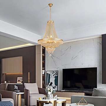 French Empire Crystal Chandelier Lighting 9 E12 Bulbs with Adjustable Hanging Light Modern Crystal Pendant Flush Mount Ceiling Light Fixture for Dining Living Room Foyer W 24'' x H 30''