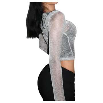OYOANGLE Women's Glitter Mesh Sheer Long Sleeve Tee Shirt Slim Fitted Party Rave Tops Silver Large