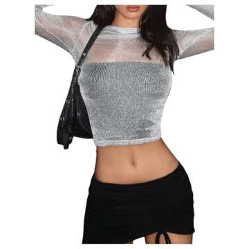 OYOANGLE Women's Glitter Mesh Sheer Long Sleeve Tee Shirt Slim Fitted Party Rave Tops Silver Large