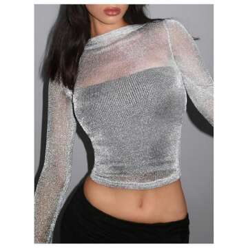 OYOANGLE Women's Glitter Mesh Sheer Long Sleeve Tee Shirt Slim Fitted Party Rave Tops Silver Large