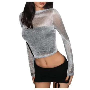OYOANGLE Women's Glitter Mesh Sheer Long Sleeve Tee Shirt Slim Fitted Party Rave Tops Silver Large
