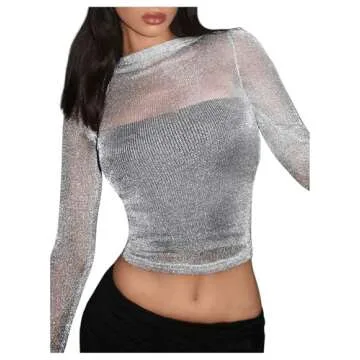 OYOANGLE Women's Glitter Mesh Sheer Long Sleeve Tee Shirt Slim Fitted Party Rave Tops Silver Large