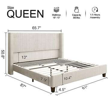 HOWE Queen Size Upholstered Platform Bed Frame, Wingback Bed with 50.8" Headboard, Corduroy/Solid Wo...