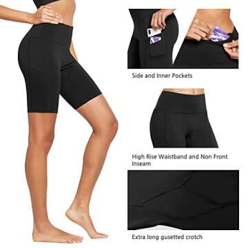 BALEAF Women's 8" Biker Shorts Compression High Waist Spandex Yoga Shorts 4 Pockets Workout Athletic Running Gym Shorts Black Size L