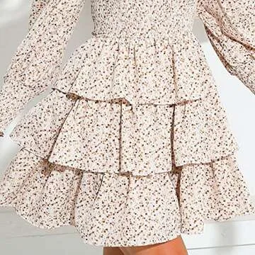 Byinns Women's Square Neck Ruffle Dress Long Sleeve Floral Print Tiered Tie Back Layered Swing Mini Dress