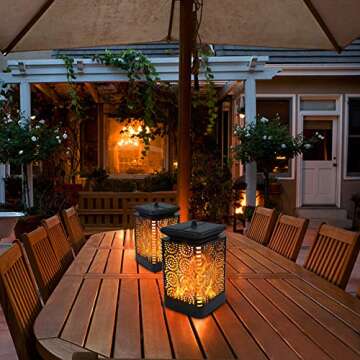 Solar Lantern Outdoor Waterproof, Flickering Flame Hanging Solar Lanterns Lights Retro Led Night Lights Dusk to Dawn Auto On/Off for Garden Porch Patio Deck Balcony Yard Pathway, 2 Pack