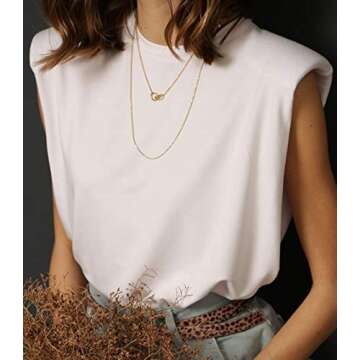 SAFRISIOR Women Loose Solid Shoulder Pads Sleeveless T-Shirt Casual Cotton Round Neck Tank Tee Top White
