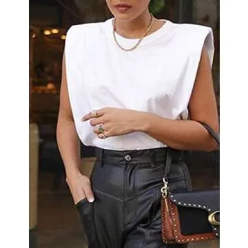 SAFRISIOR Women Loose Solid Shoulder Pads Sleeveless T-Shirt Casual Cotton Round Neck Tank Tee Top White
