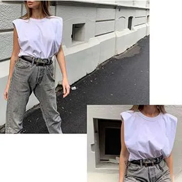 SAFRISIOR Women Loose Solid Shoulder Pads Sleeveless T-Shirt Casual Cotton Round Neck Tank Tee Top White